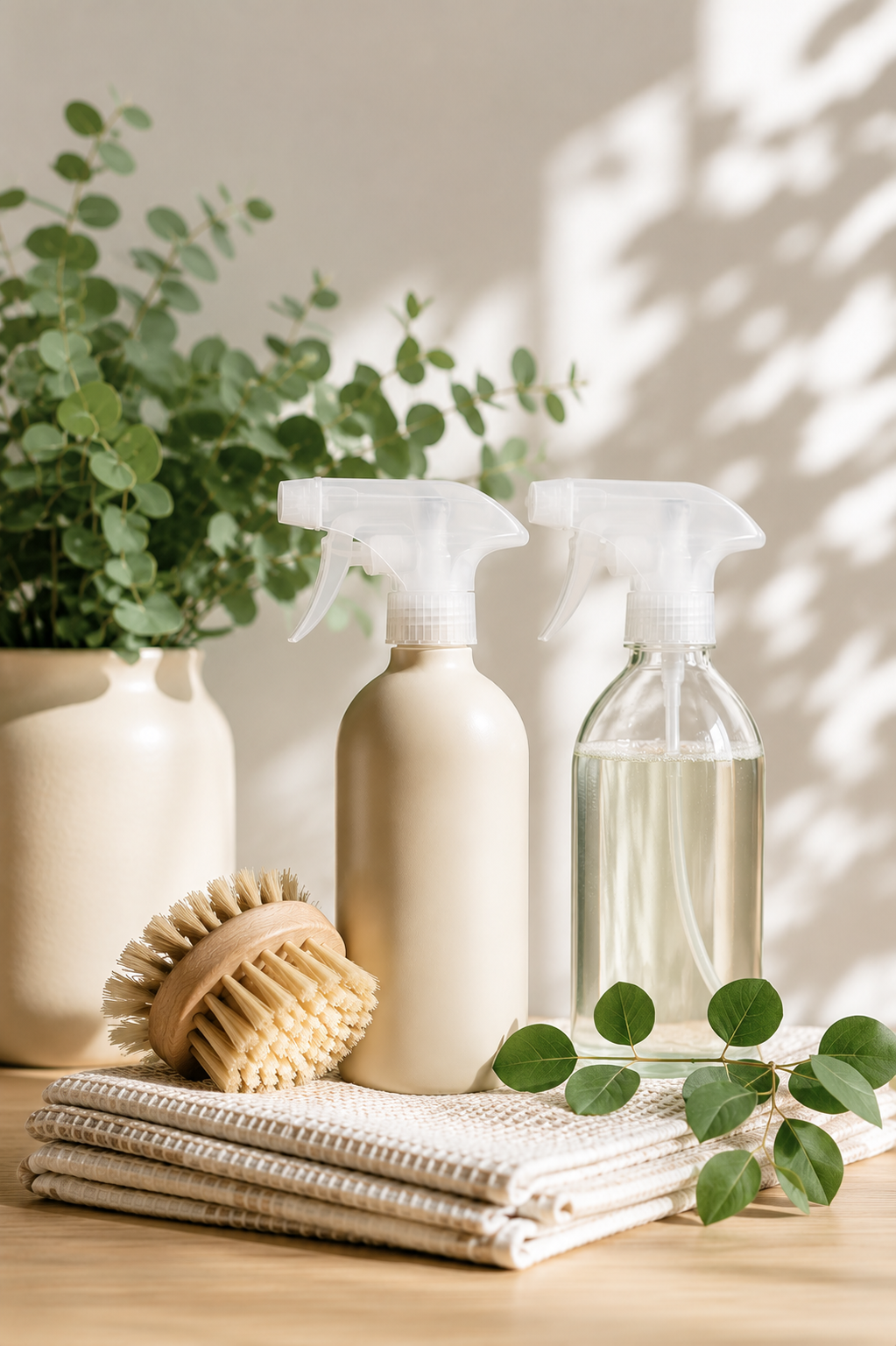 Eco-friendly spray bottles, wooden brush, folded towels and eucalyptus on a sunlit counter