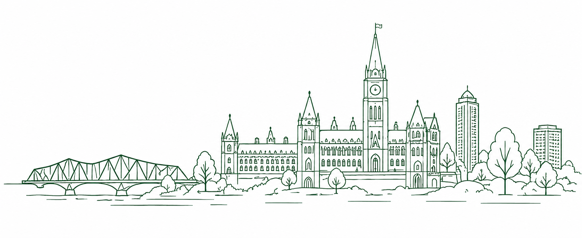 Illustrated outline of the Ottawa skyline featuring Parliament Hill and the Alexandra Bridge