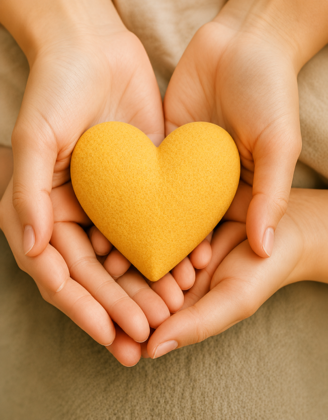 Two pairs of hands cradling a soft yellow heart
